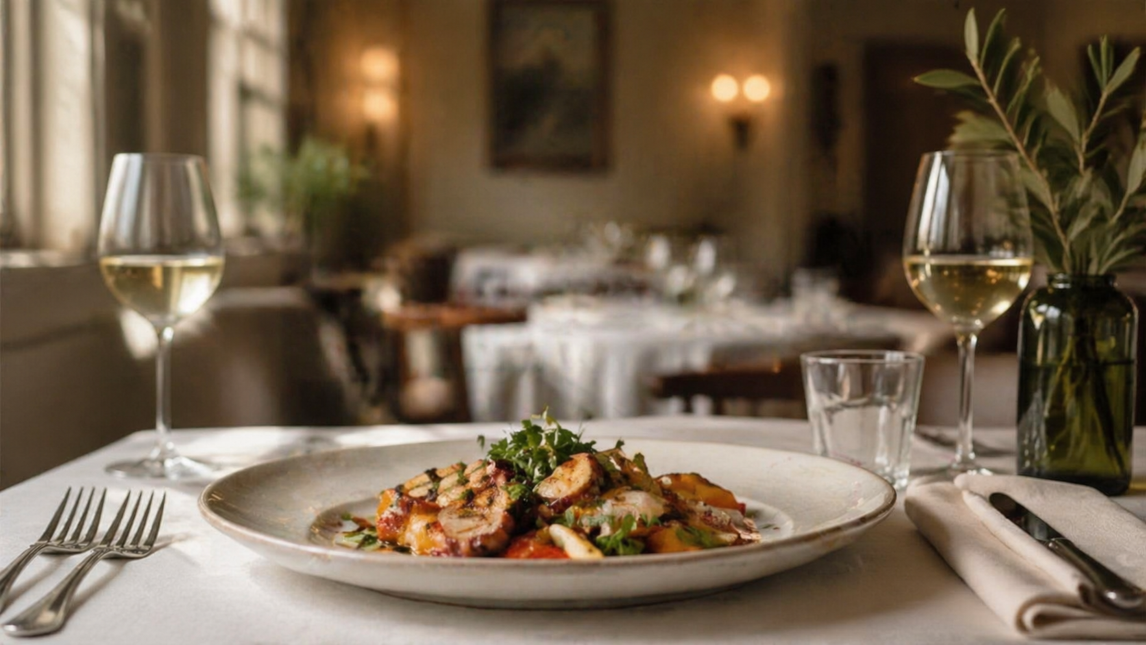 Tavola elegante con piatto del Rajas Café